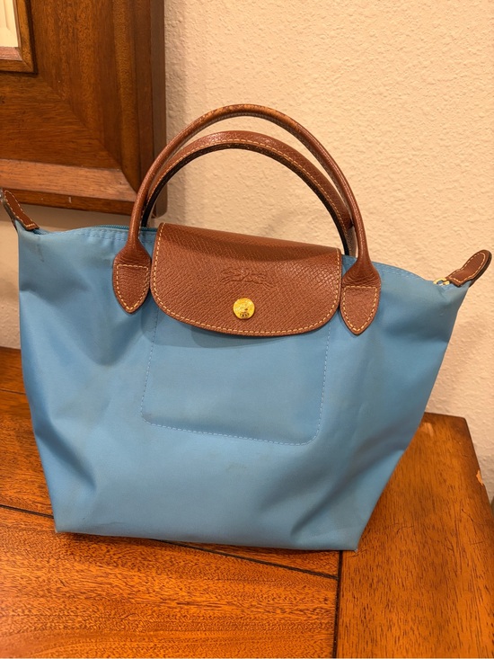 Longchamp Handbags - Longchamp Le Pliage S Blue Nylon Satchel with Brown Leather Trim